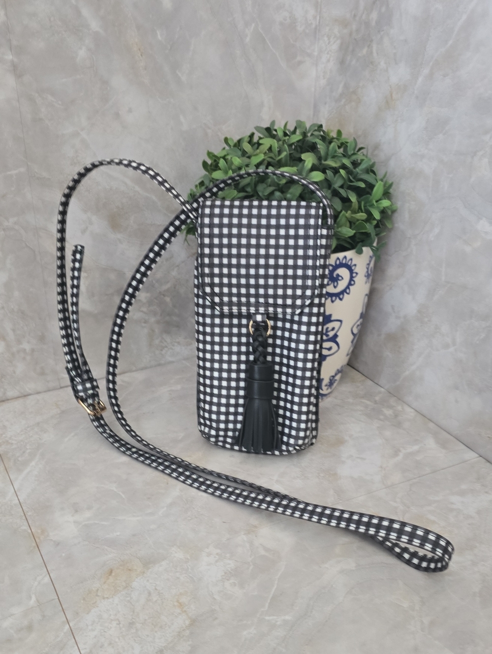 Gingham Cellphone Bag Crossbody with Tassel Accent Black & White